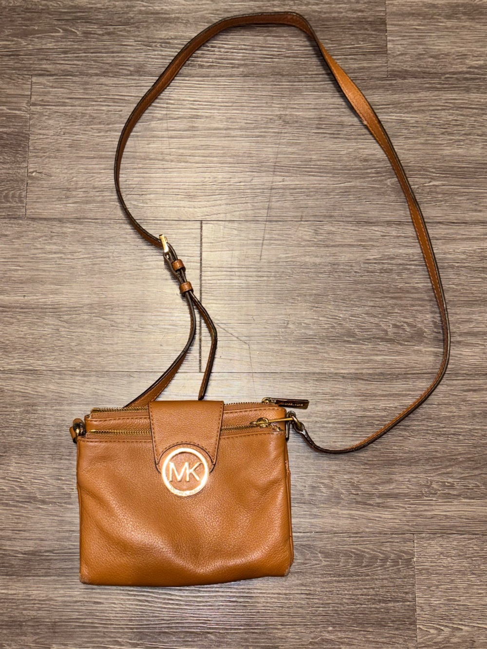 Michael Kors Cognac Leather Crossbody Bag with Gold MK Logo